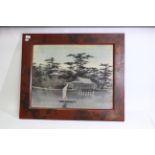A framed fabric material image depicting Asian buildings beside a lake.