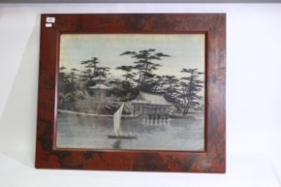 A framed fabric material image depicting Asian buildings beside a lake.