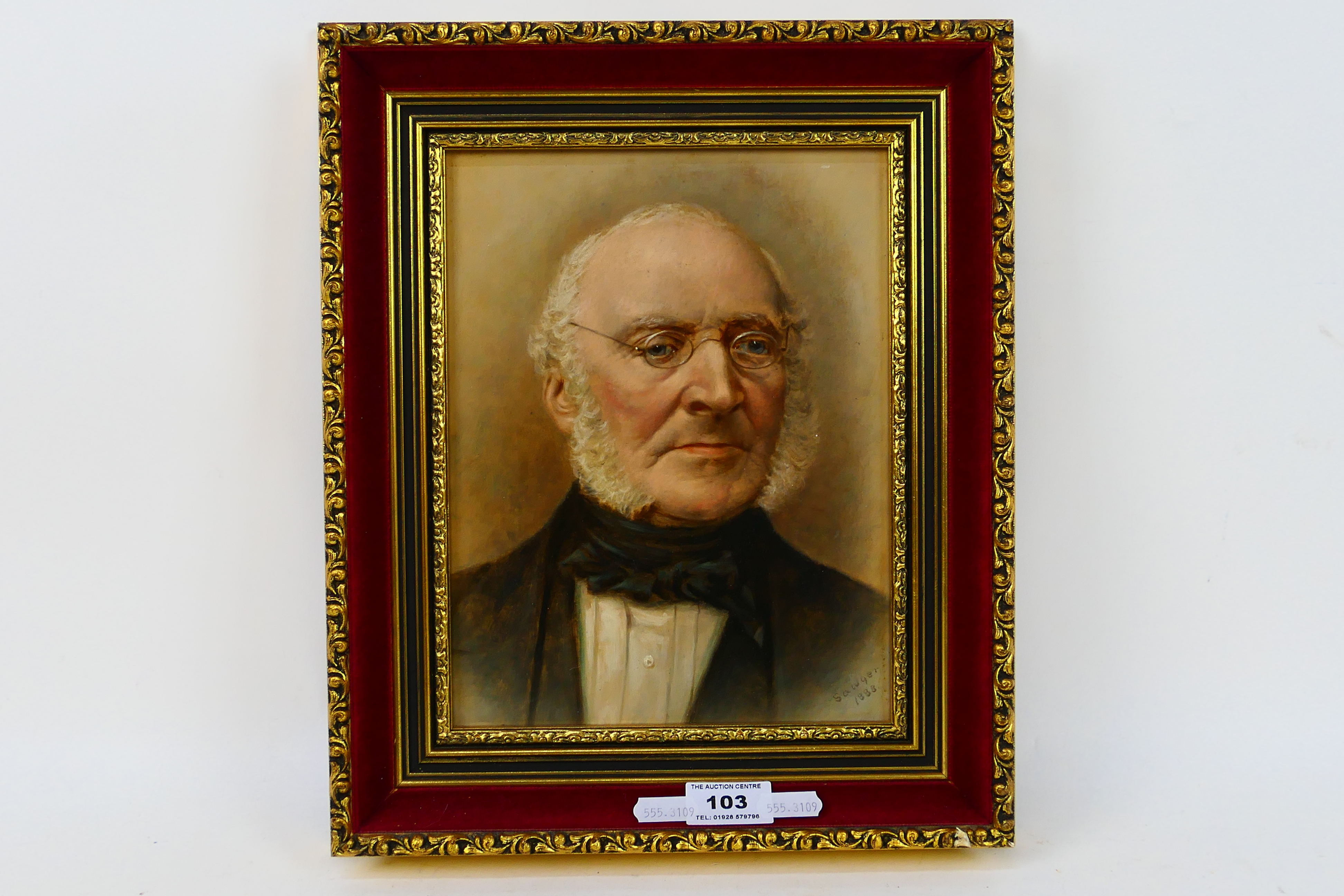 A framed oil on board portrait depicting an elderly bespectacled gentleman,