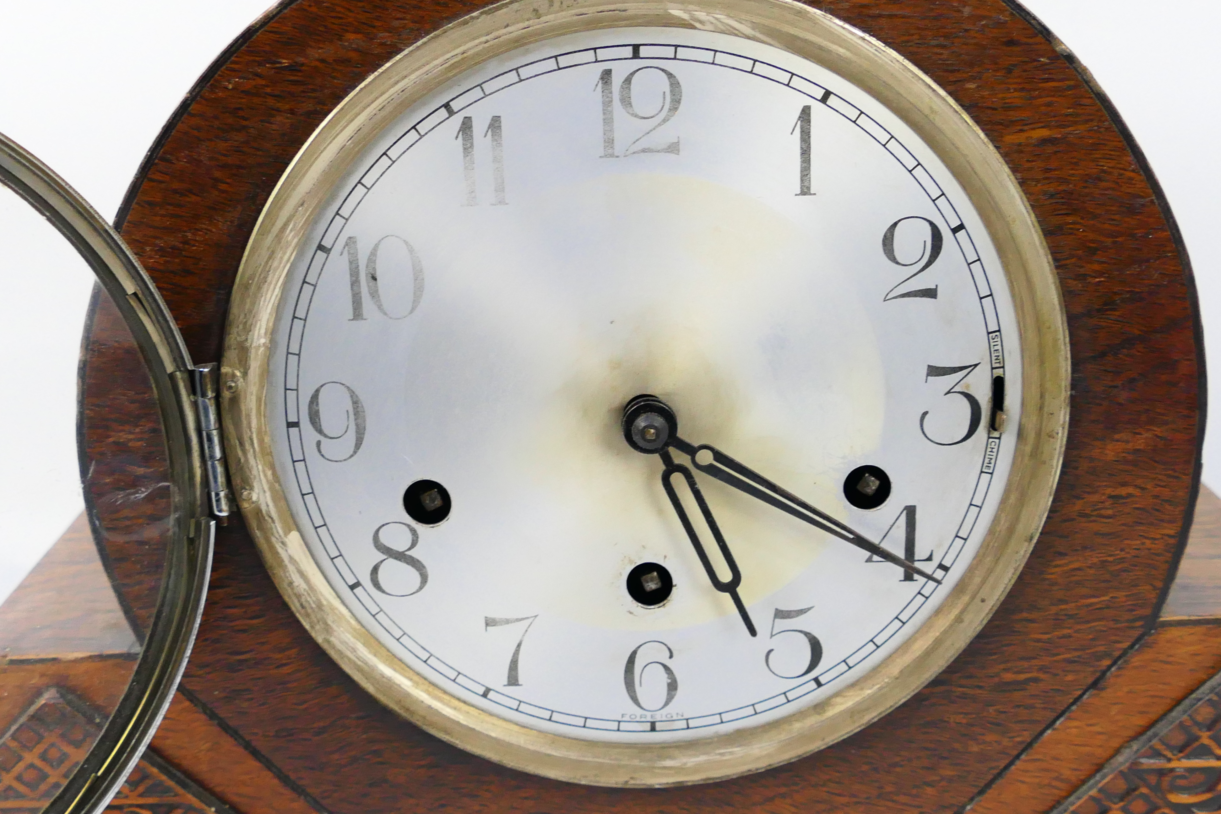A Napoleon Hat oak cased mantel clock, Haller movement, Arabic numerals on a silvered dial, - Image 3 of 7
