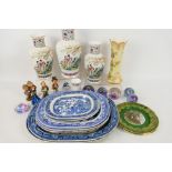Lot to include blue and white Staffordshire platters, three Chinese vases, paperweights,
