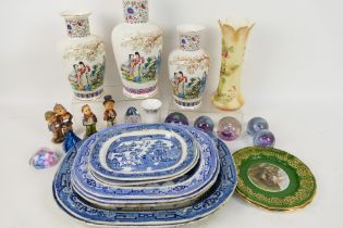 Lot to include blue and white Staffordshire platters, three Chinese vases, paperweights,