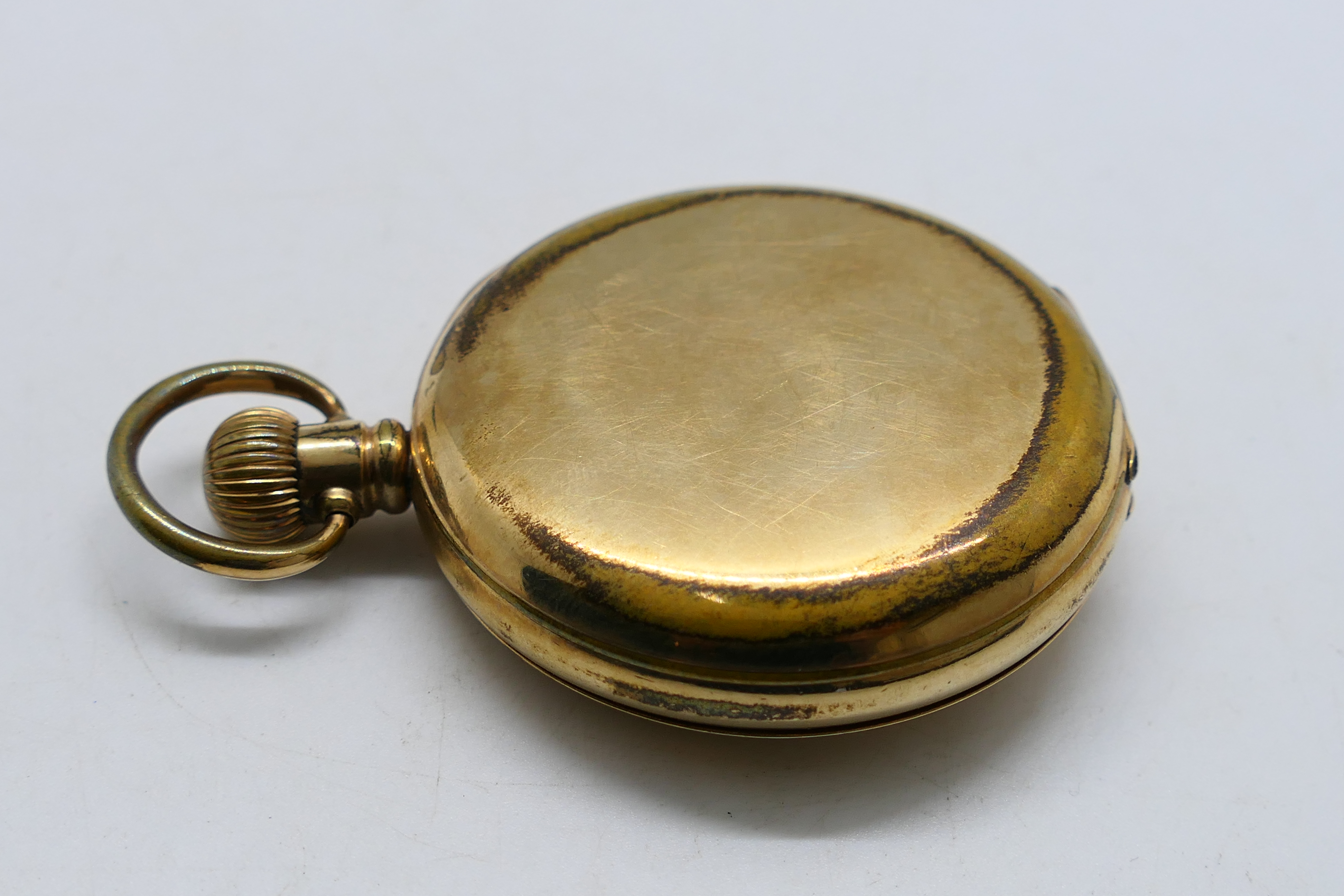 A gold plated half hunter pocket watch, Roman numerals to a white enamel dial, - Image 9 of 9