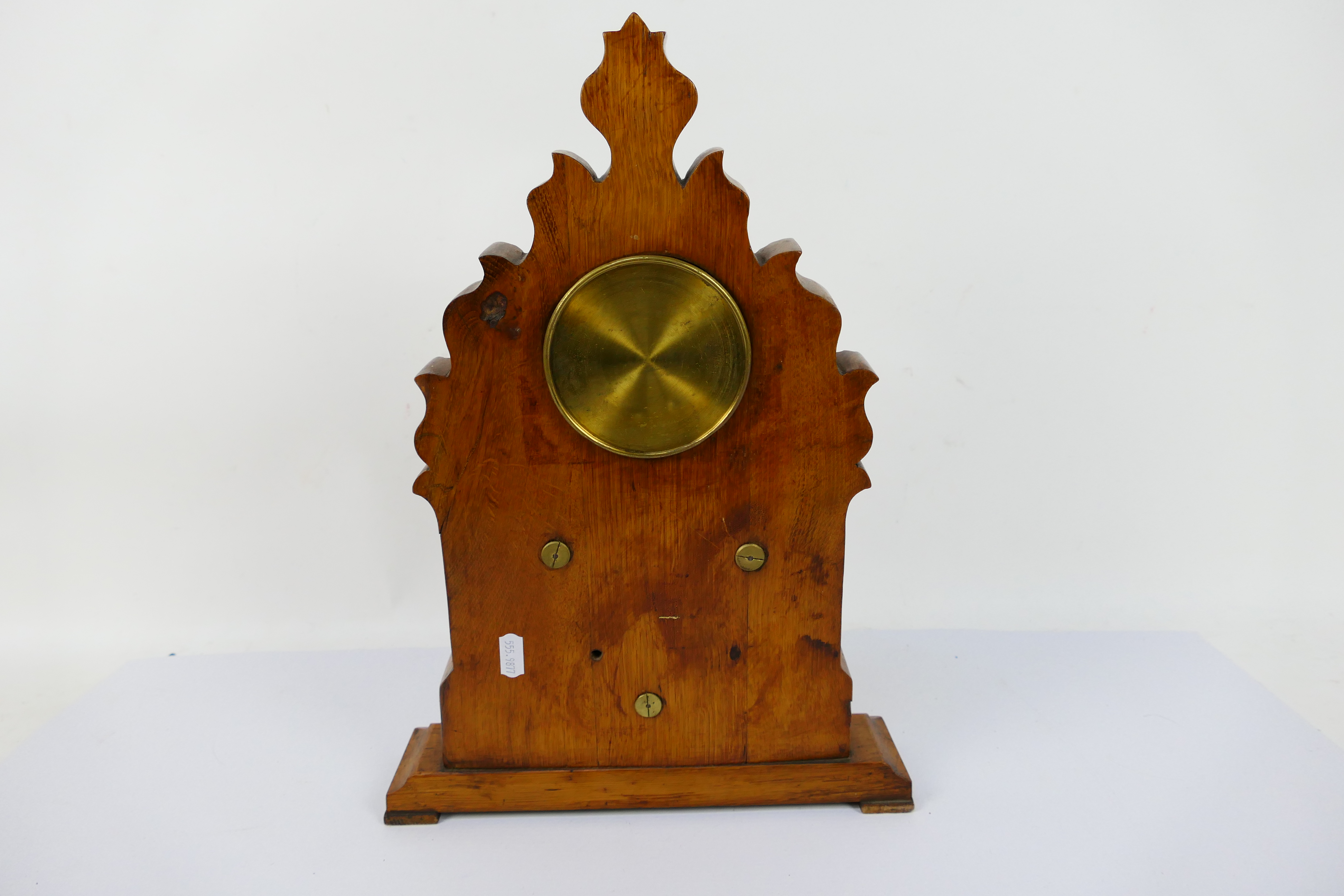 A vintage clock / barometer in wooden case, the case believed to be carved from a yew church pew, - Image 5 of 6