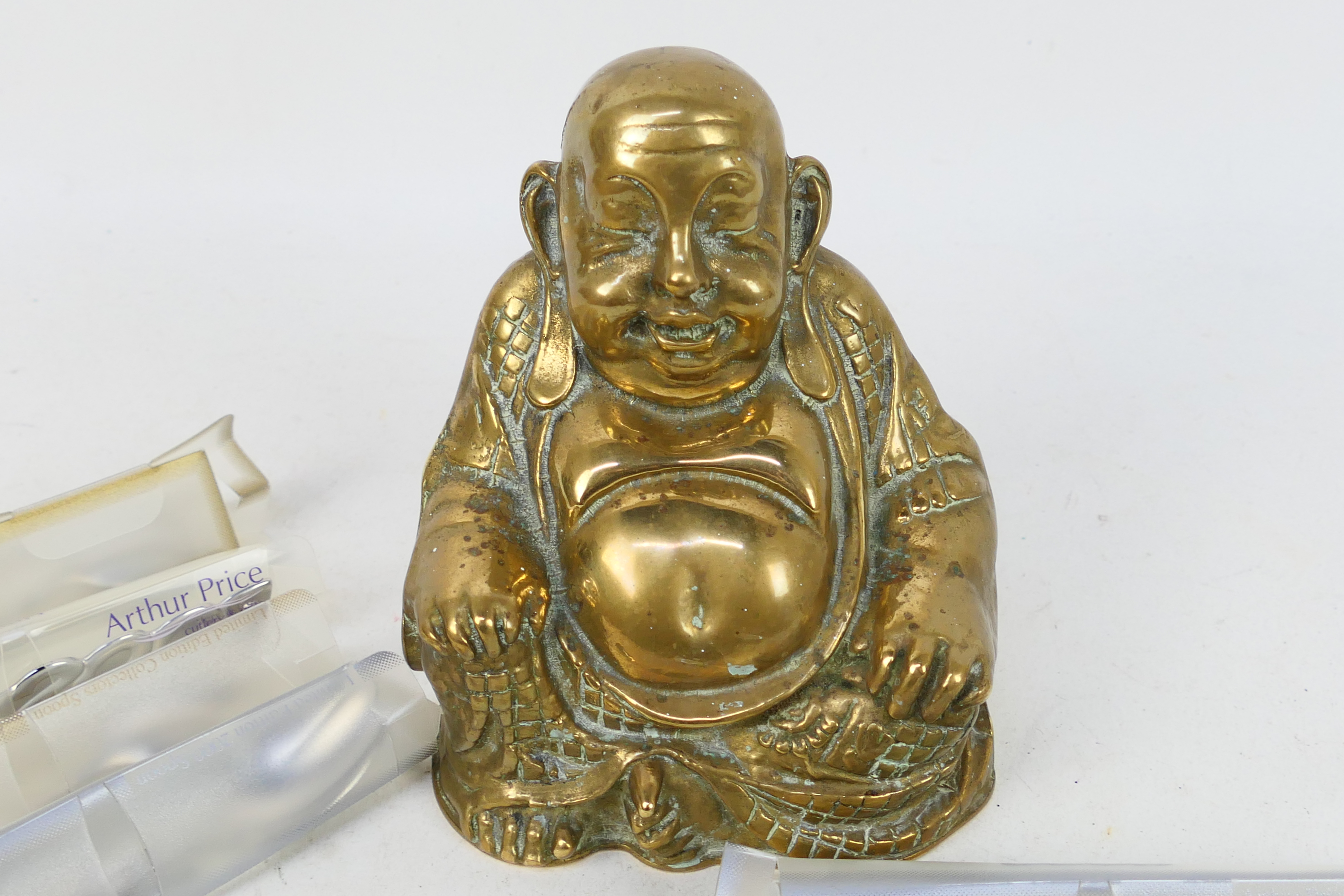 A brass figure depicting Budai, 14 cm (h) and six Arthur Price collector spoons. - Image 2 of 4