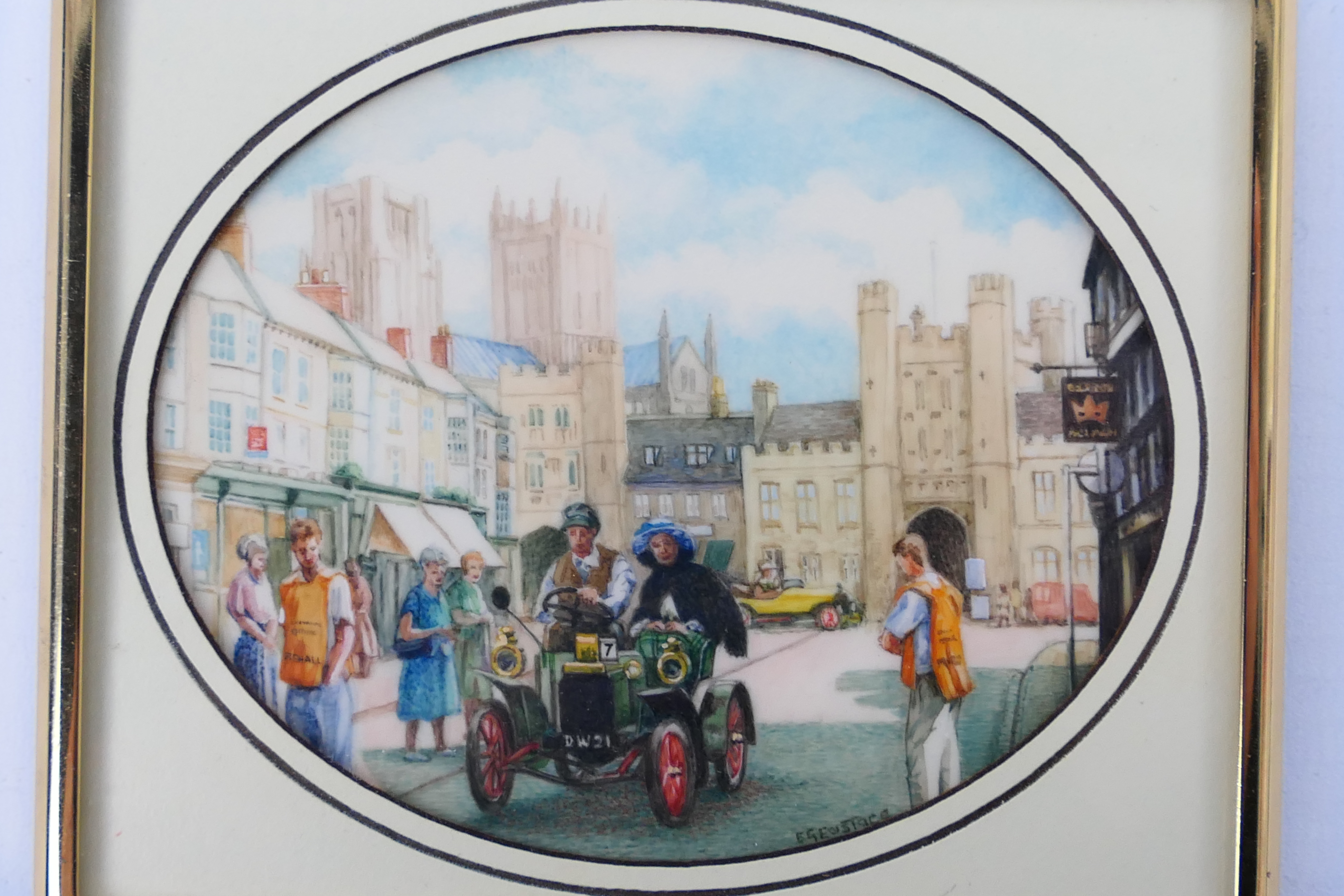 Eric G Eustace RMS - A watercolour on polymin miniature, Vintage Car Rally Wells, - Image 2 of 5