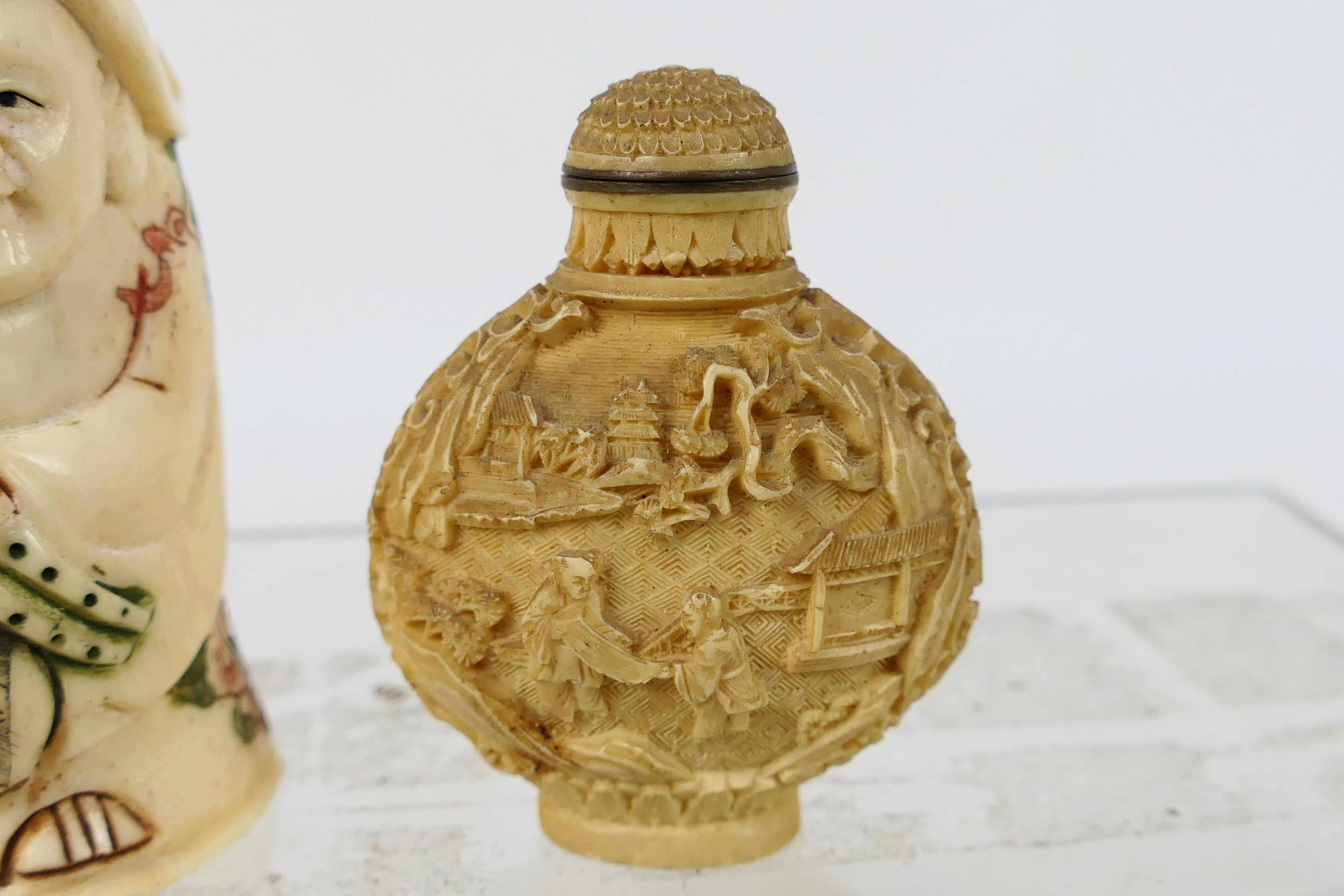 A carved bone snuff bottle in the form of a sage, 9 cm (h) and one other. - Image 3 of 7