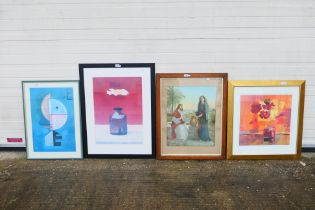 Four prints including one limited edition and one religious themed, mounted and framed under glass,