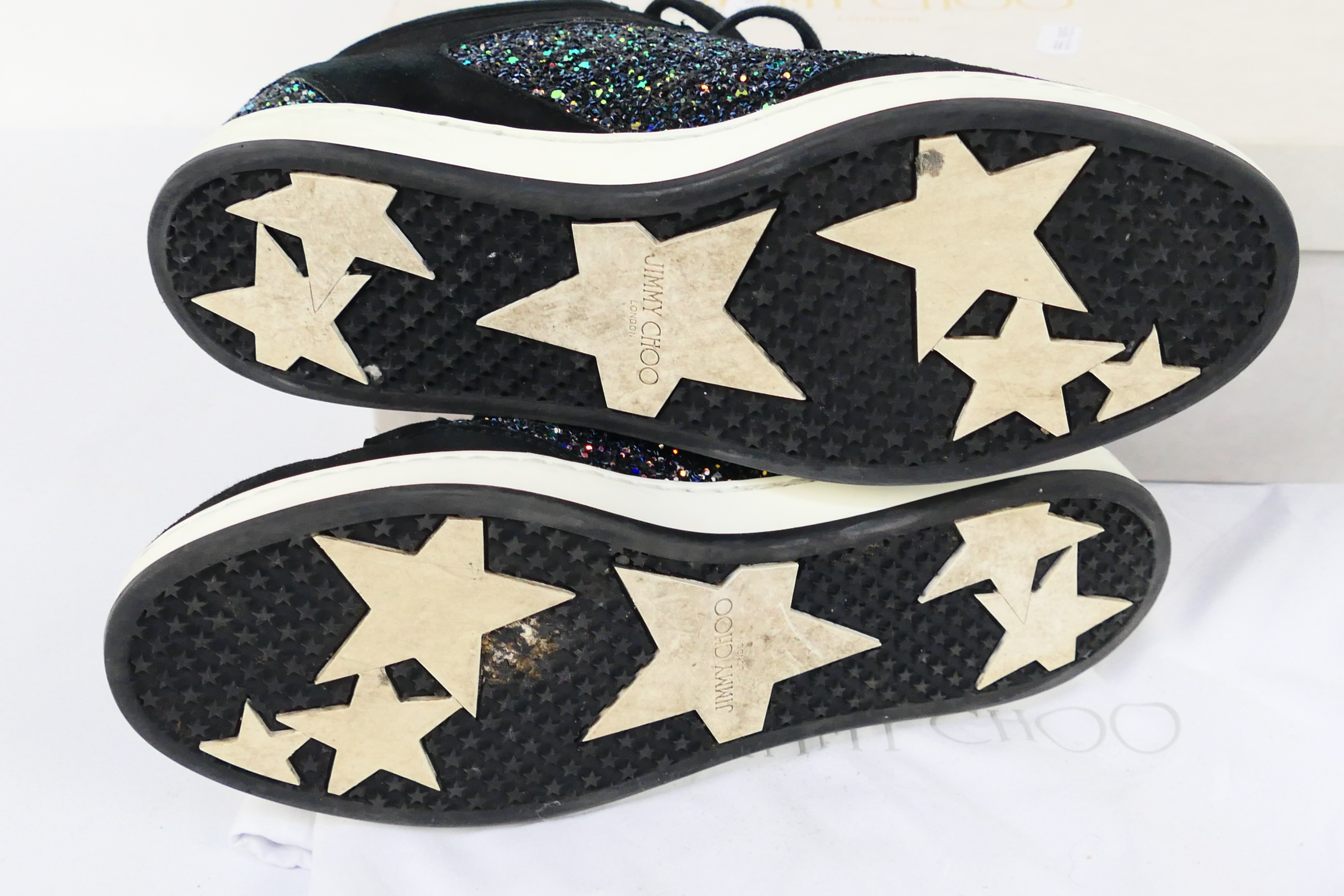 A pair of Jimmy Choo Miami trainers, black with rainbow glitter, size 37. - Image 7 of 8