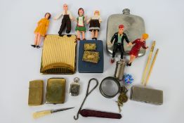 A mixed group of collectables to include hip flask, cigarette cases, cigarette lighter,