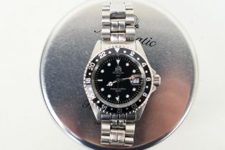 A Tauchmeister diver's wrist watch, black dial and bezel, on stainless steel bracelet,