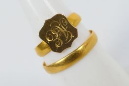 Two hallmarked 22 carat yellow gold rings, approx weight 4.