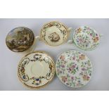 A 19th century Prattware paste pot The Travellers Rest and two soup bowls and saucers,