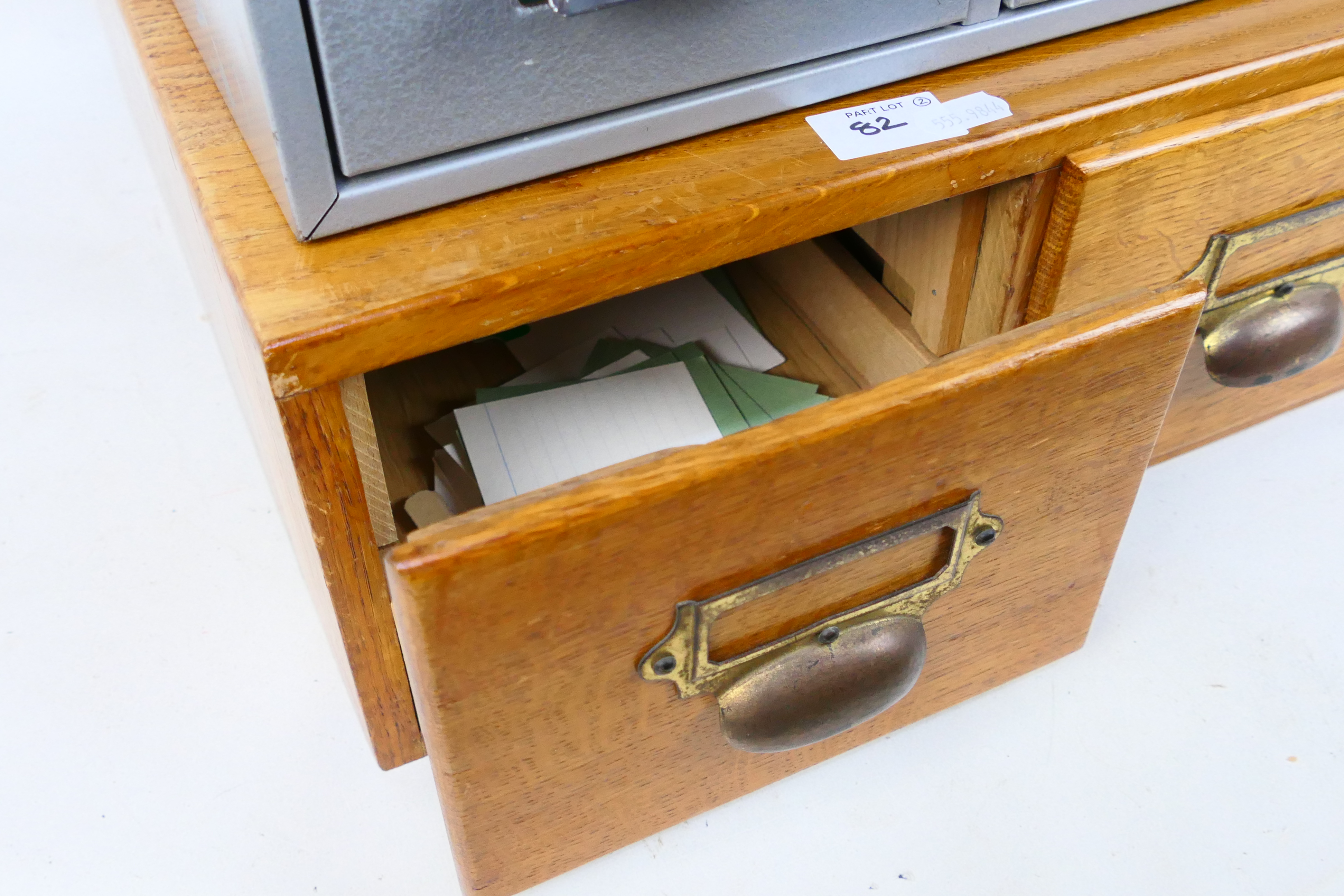 A vintage wooden two drawer card index file and a similar metal example, - Image 2 of 4