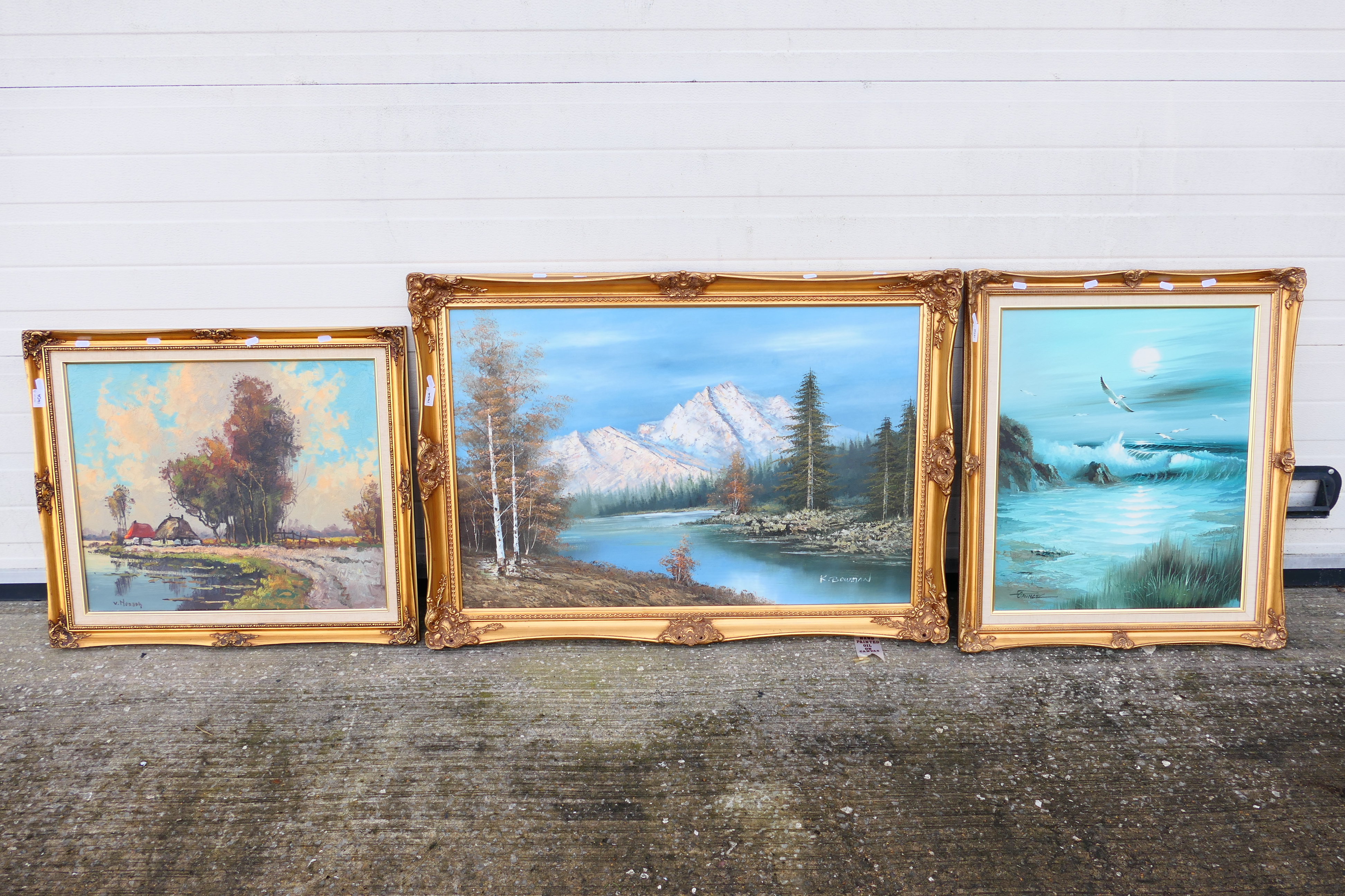 Three gilt framed oil on canvas landscape scenes, largest approximately 60 cm x 90 cm image size.