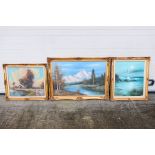 Three gilt framed oil on canvas landscape scenes, largest approximately 60 cm x 90 cm image size.