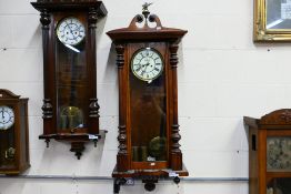 A Vienna style wall clock, walnut veneered case with opening, glazed door,