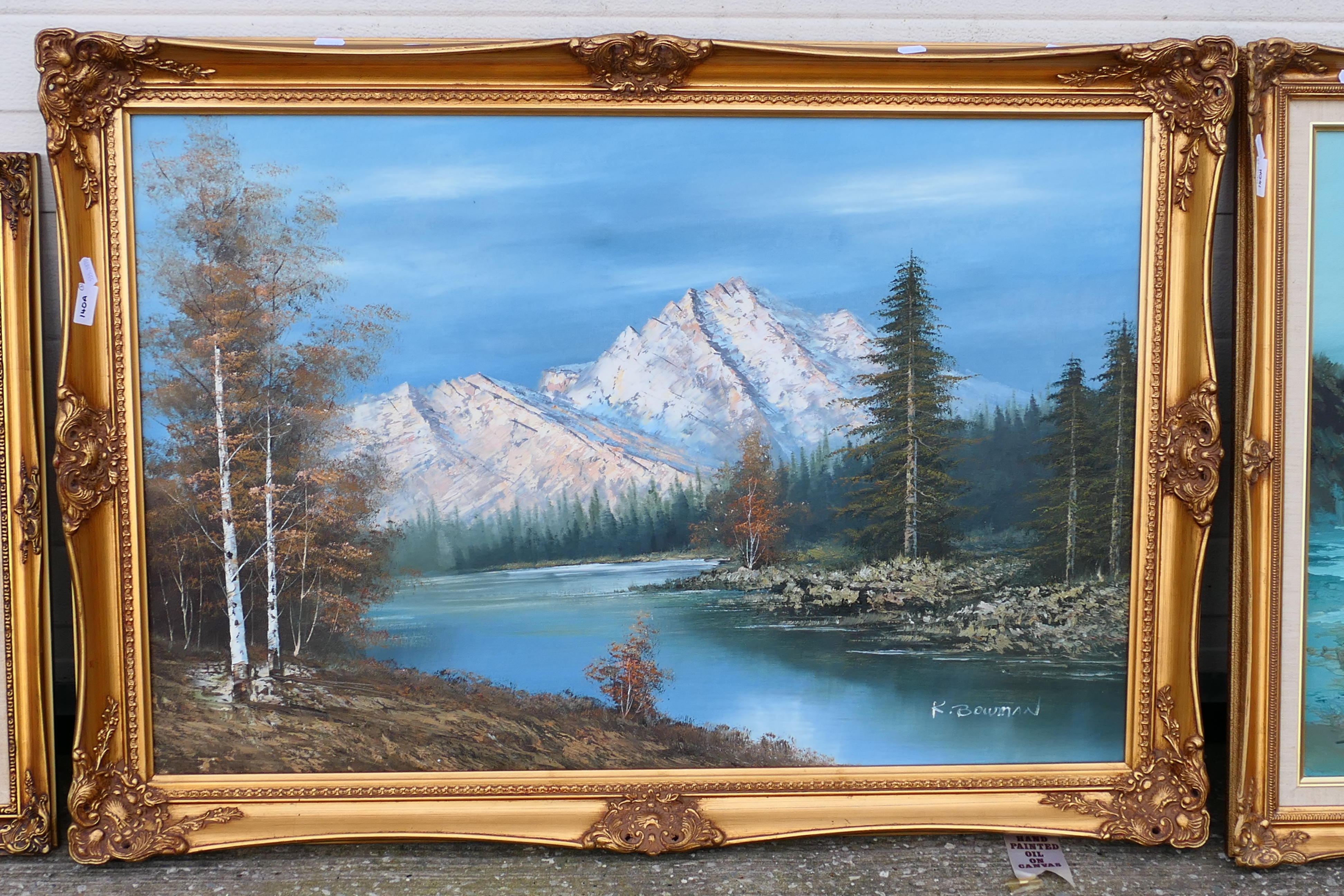 Three gilt framed oil on canvas landscape scenes, largest approximately 60 cm x 90 cm image size. - Image 3 of 4