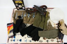 Mixed militaria to include forage cap, belt buckle, pouches and other.
