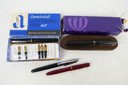 Fountain pens to include a Parker Slimfold with 14k nib, a Waterman with 18k nib (boxed),