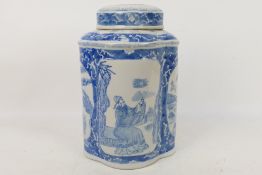 A large blue and white lidded jar of elo