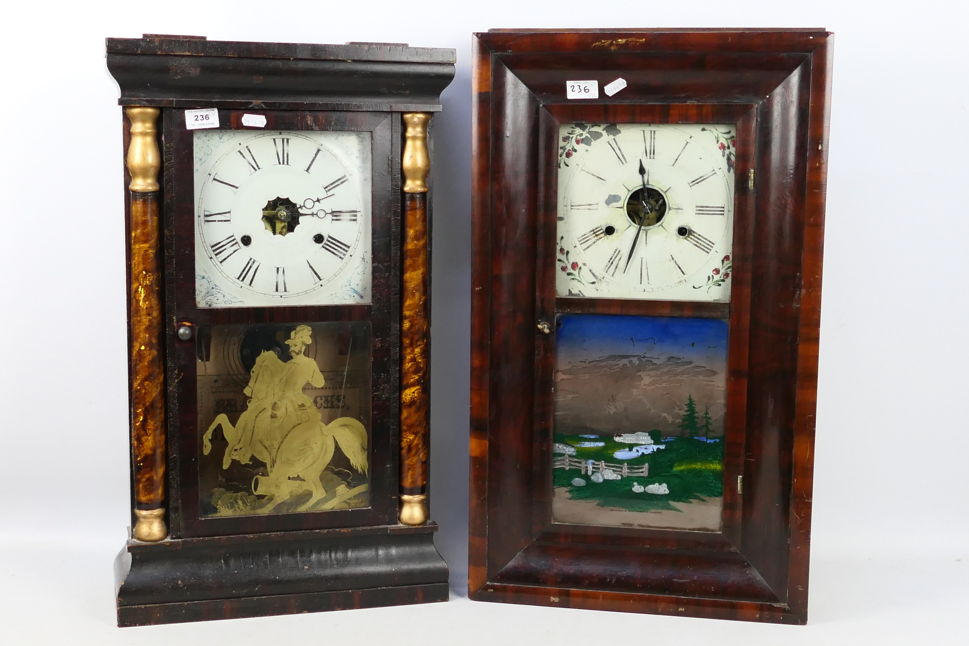 An interesting pair of late 19th century/ early 20th century 30-hour American shelf clocks to