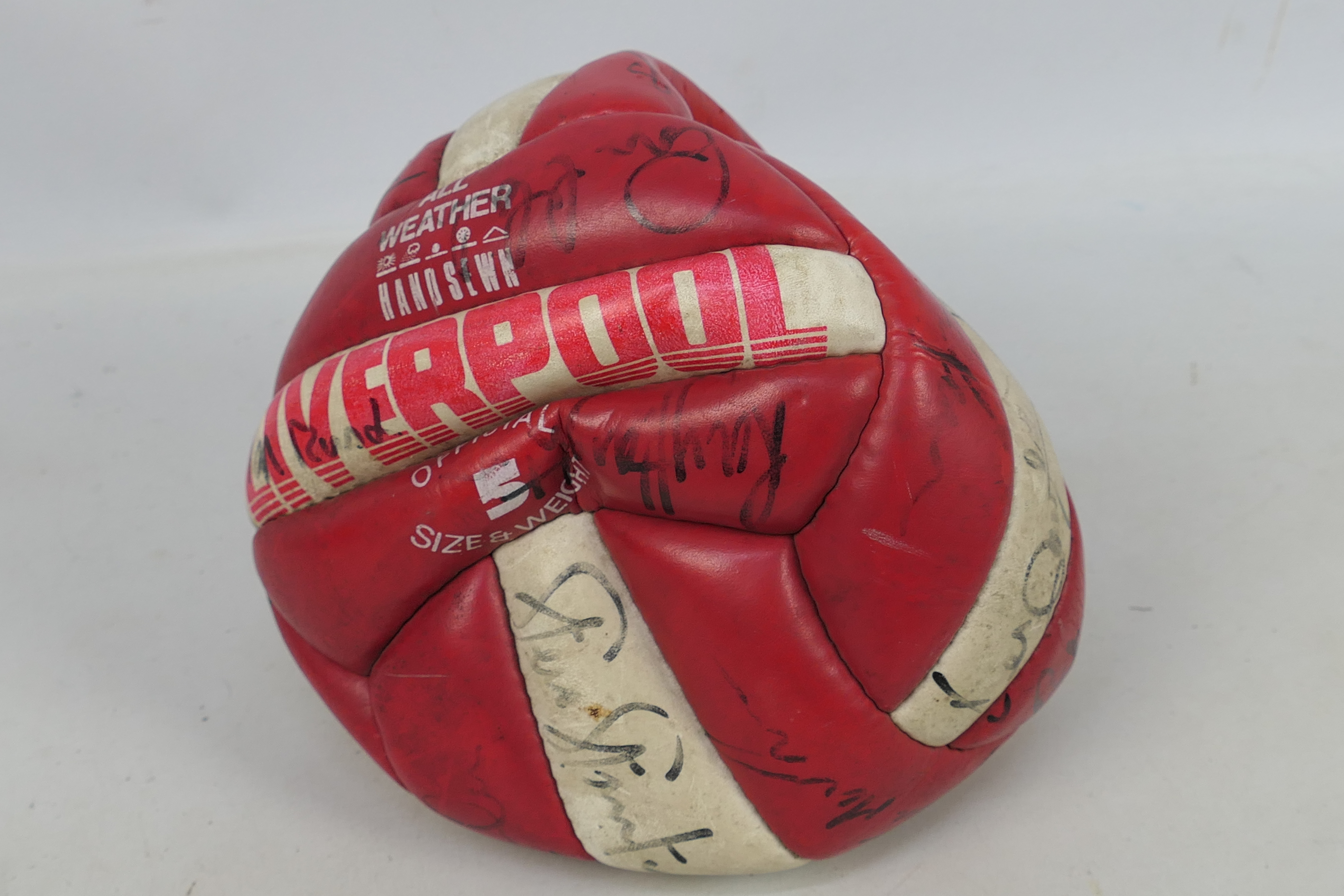 A vintage Liverpool Football Club football, bearing signatures (signatures unverified).