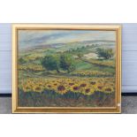 A large oil on canvas landscape scene depicting fields of sunflowers,