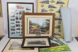 Railway related items to include posters, framed cigarette card display, wall clock,