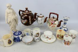 Mixed ceramics to include a bargeware teapot, Delft, Oriental and similar.