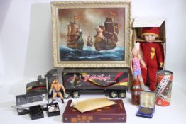 Lot to include framed maritime oil on canvas, costume jewellery, small quantity of toys and other.