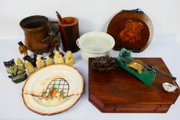 A mixed lot to include copper jug, vintage letter rack, ceramics, scales and other.
