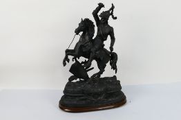 A spelter figure group after Theodore Doriot depicting a knight on horseback, 54 cm (h).