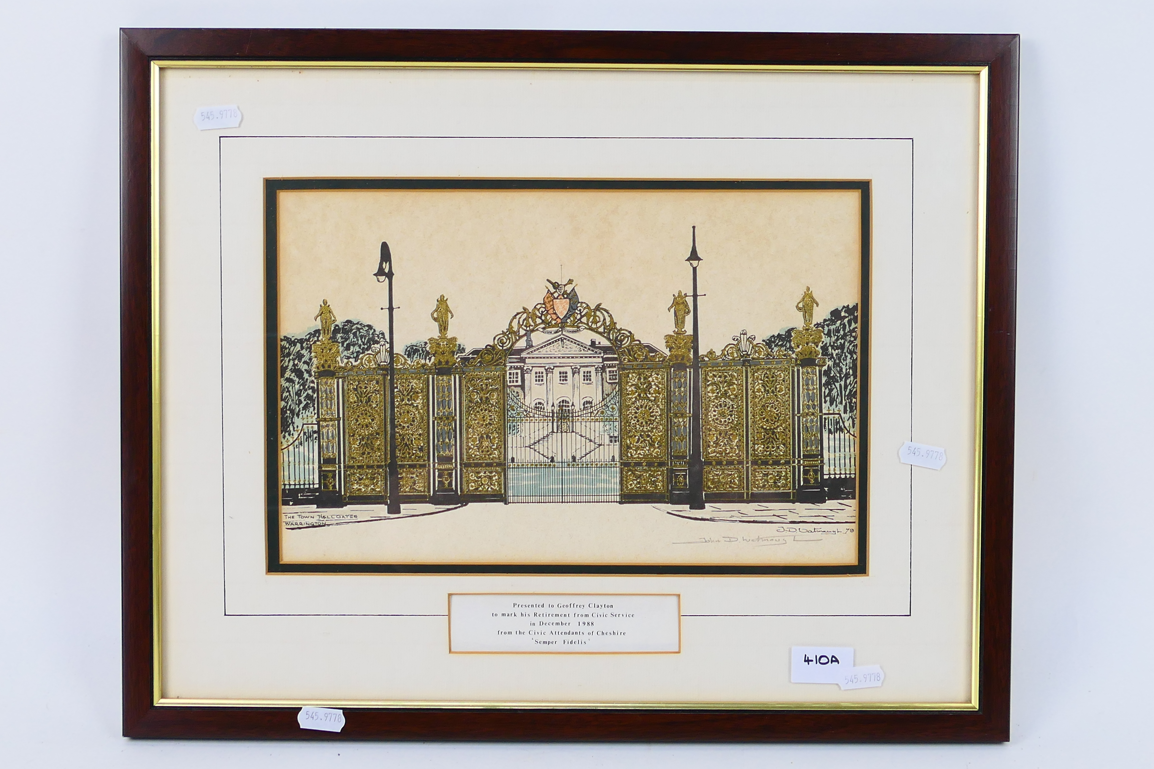 Local Interest - A hand coloured engraving depicting the Golden Gates outside Warrington Town Hall