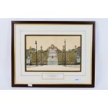 Local Interest - A hand coloured engraving depicting the Golden Gates outside Warrington Town Hall