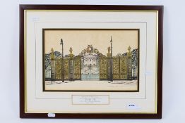 Local Interest - A hand coloured engraving depicting the Golden Gates outside Warrington Town Hall