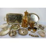 A quantity of white metal and plated ware and a decanter with yellow metal mounts.