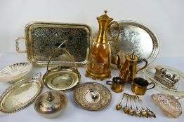 A quantity of white metal and plated ware and a decanter with yellow metal mounts.
