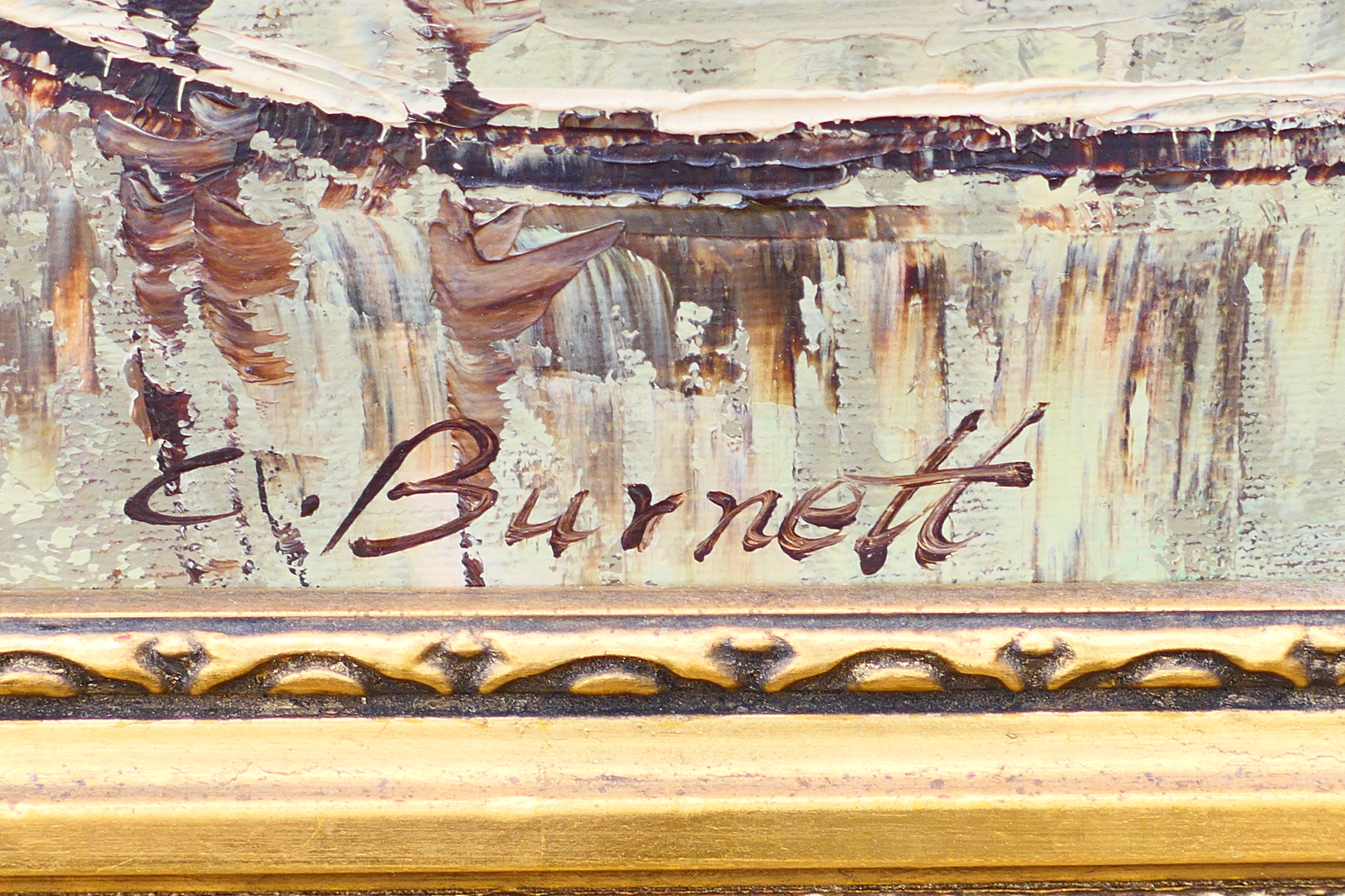 Four framed oils on canvas to include a Parisian street scene signed C Burnett, - Image 5 of 9