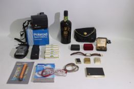 Lot to include a 75cl bottle of Porto Messias, 20% abv, cameras, evening bag,