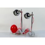 A matched pair of contemporary chrome table lamps 40 cm ( h) and a modern red glass dome light 15