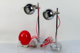 A matched pair of contemporary chrome table lamps 40 cm ( h) and a modern red glass dome light 15