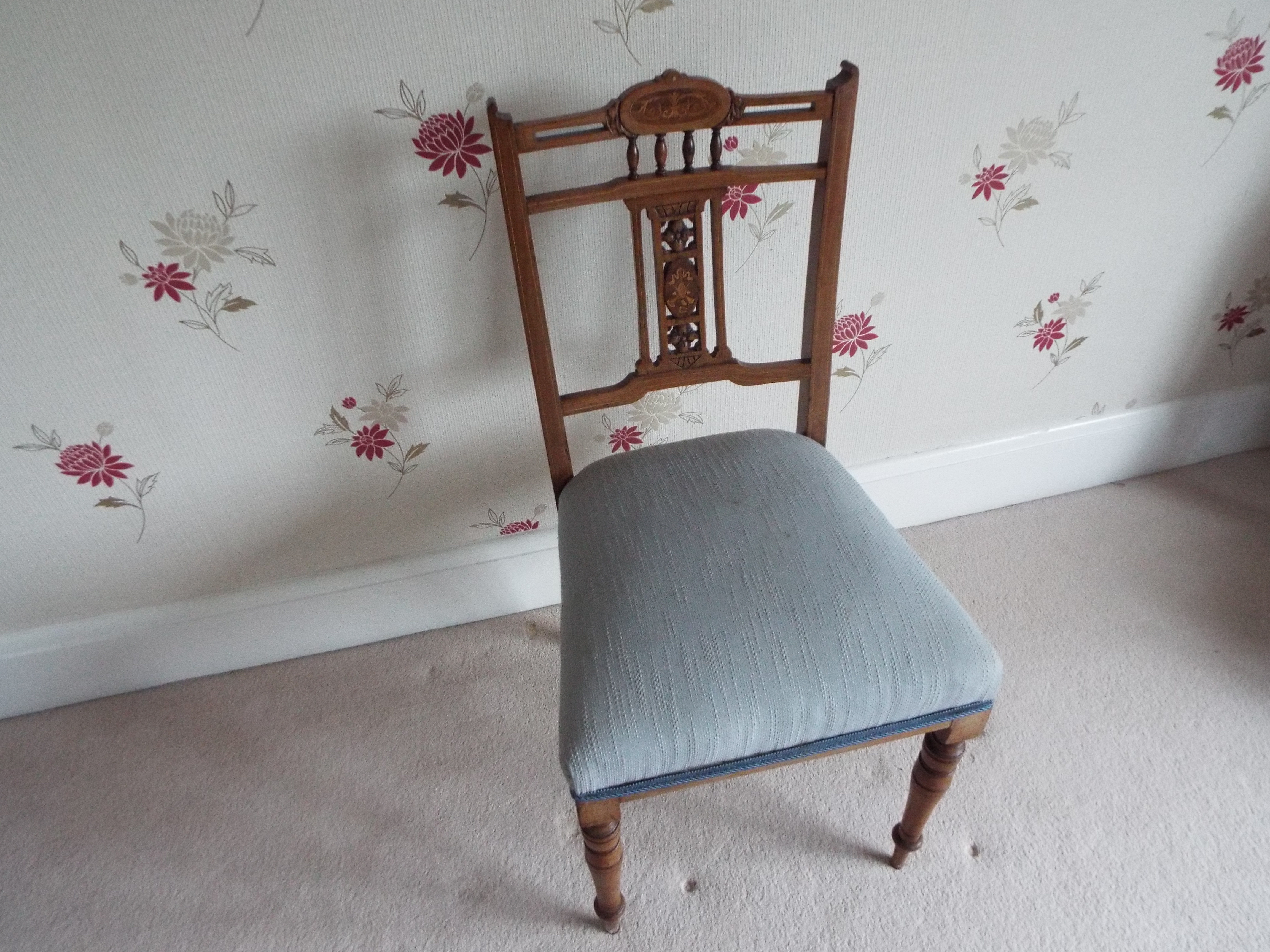 A Victorian bedroom chair with pale blue upholstered seat (b) Please note buyer collects from a L38