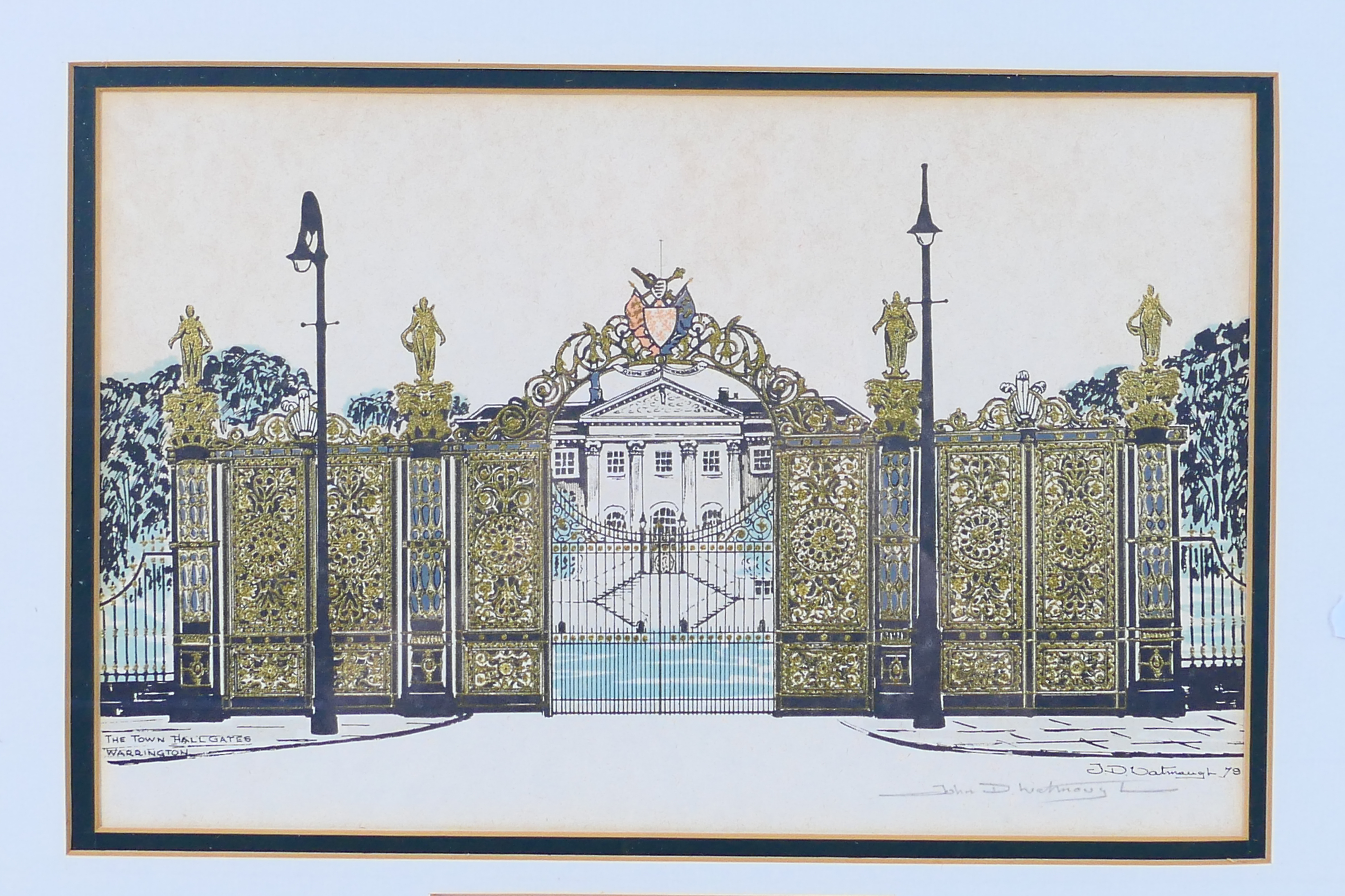 Local Interest - A hand coloured engraving depicting the Golden Gates outside Warrington Town Hall - Image 2 of 5