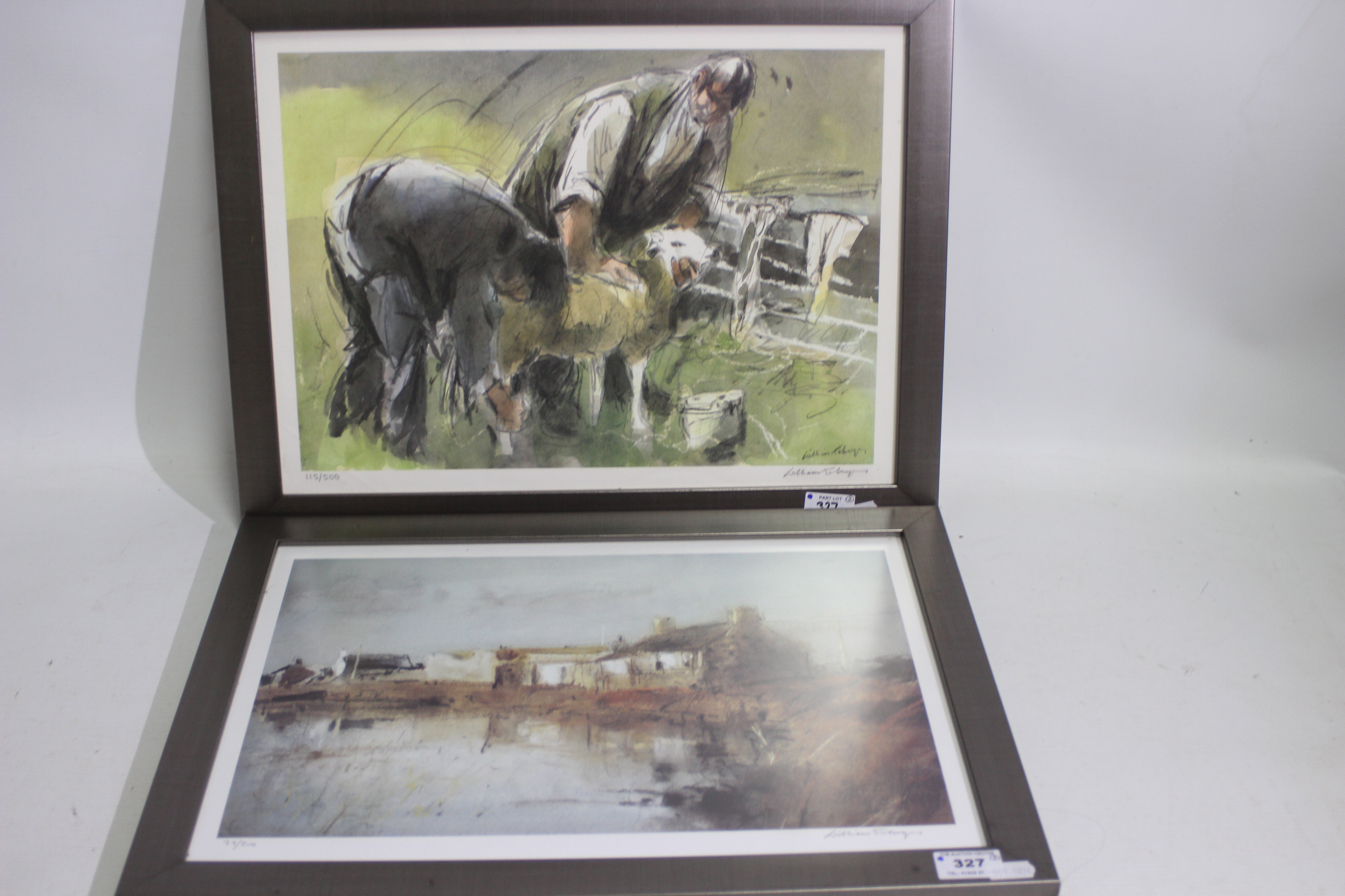 Two limited edition pencil signed prints, a landscape scene (39/300) and a farming scene (115/500),