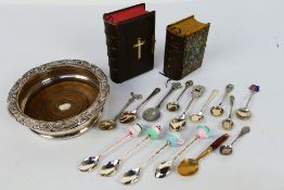 Five hallmarked silver and sterling silver spoons and ten other white metal spoons,