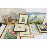 Lot to include framed watercolours, oil on canvas Alpine landscape scene and other,