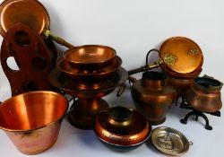 A collection of metalware and a wooden wine rack. [3].