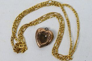 Scrap Gold - A 9ct yellow gold necklace and a rose metal heart shaped locket, 1.9 grams all in.