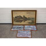 4 x framed prints - Lot includes a framed print depicting a lake with fishing boats on the shore,